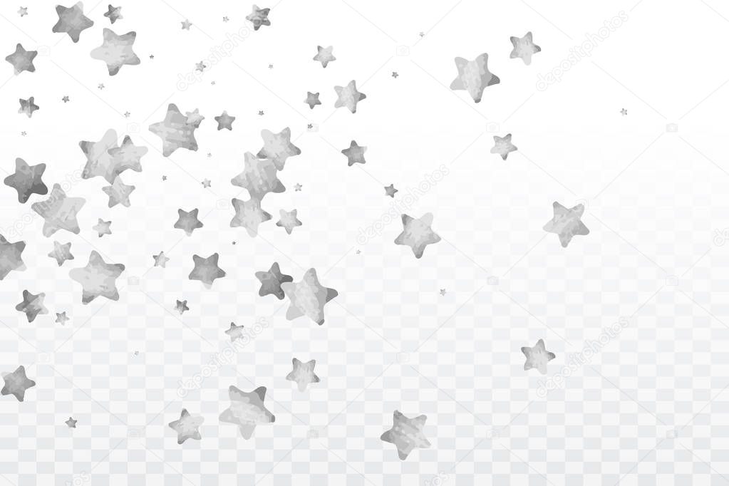 Star silver confetti. Glitter vector celebrate background. Silver sparkles and dots on black backdrop. Luxury invitation card template. Falling stars. Glitter background.