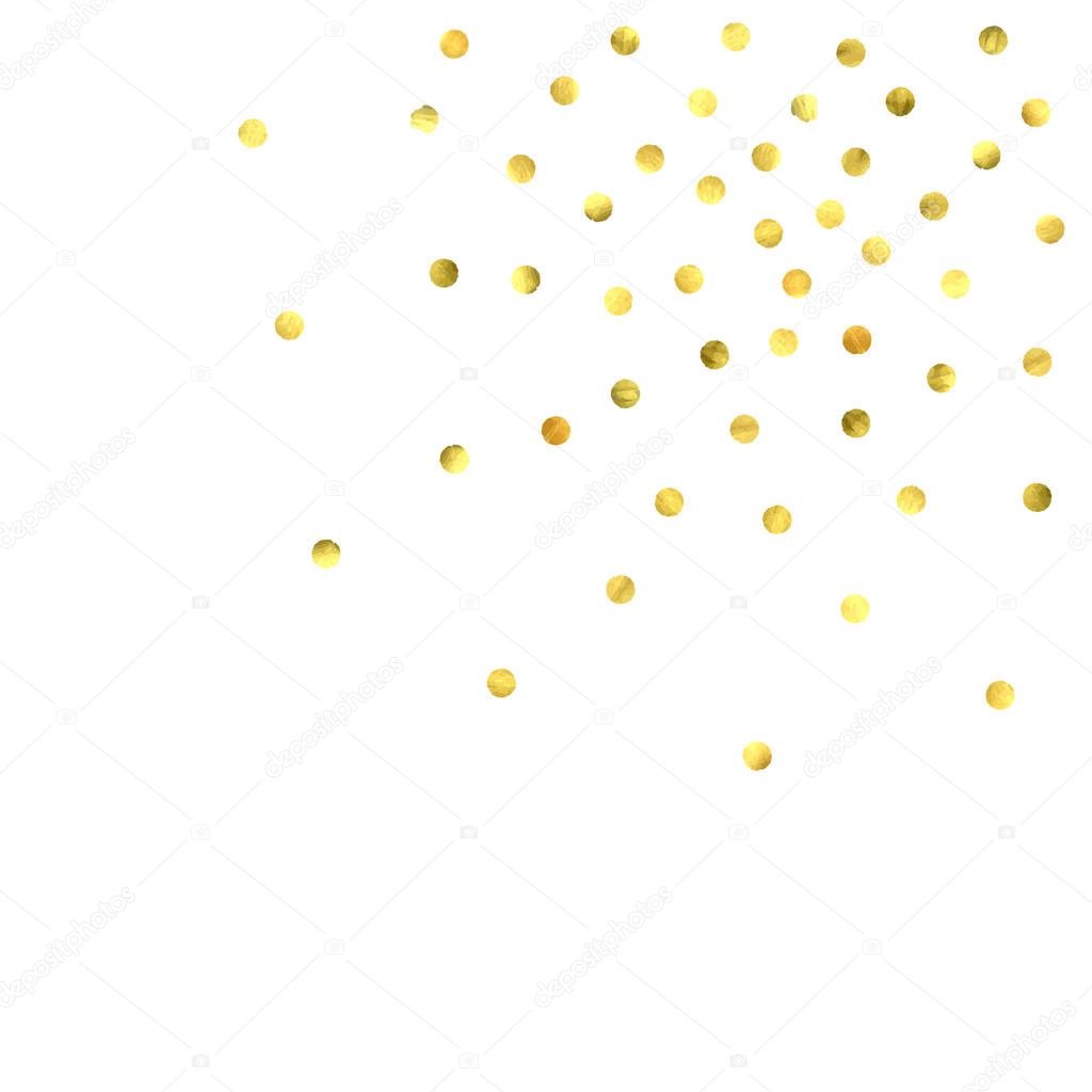 Round gold confetti. Celebrate background. Watercolor golden sparkles and dots. Explosion backdrop. Christmas party invitation card template. Falling gold confetti. Glitter background.