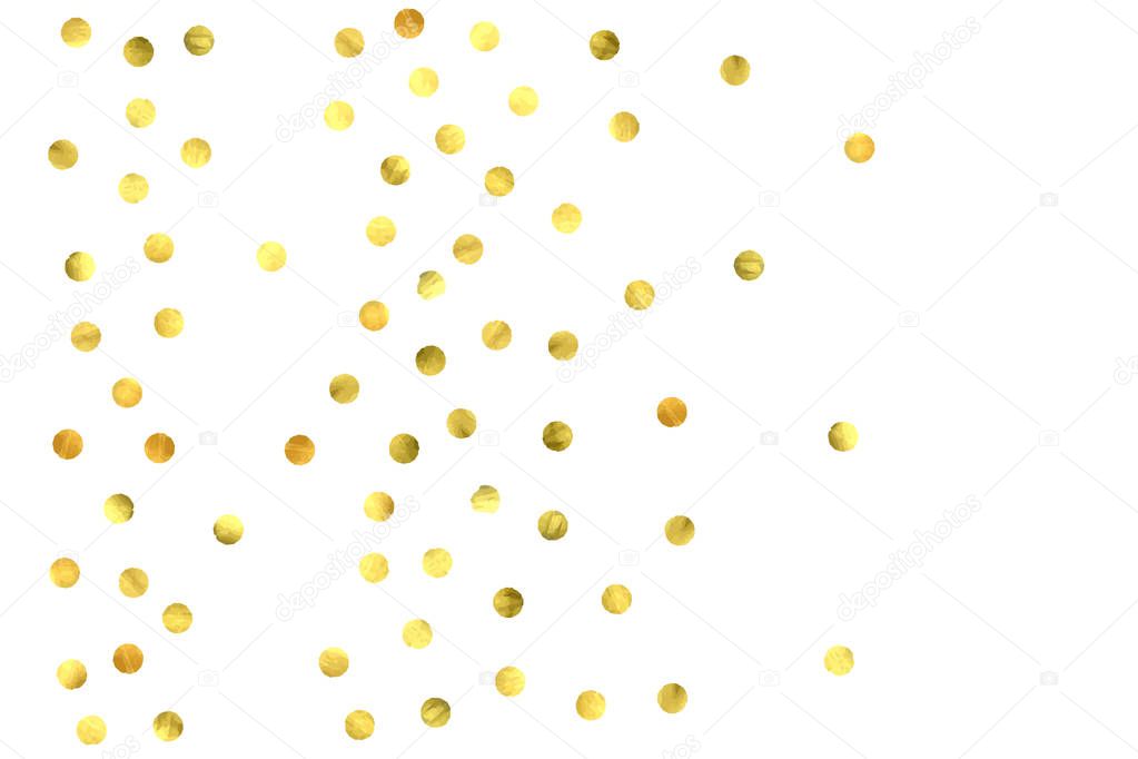 Foil gold confetti. Glitter vector celebrate background. Golden sparkles and dots on white backdrop. Luxury invitation card template. Falling gold confetti. Glitter background.