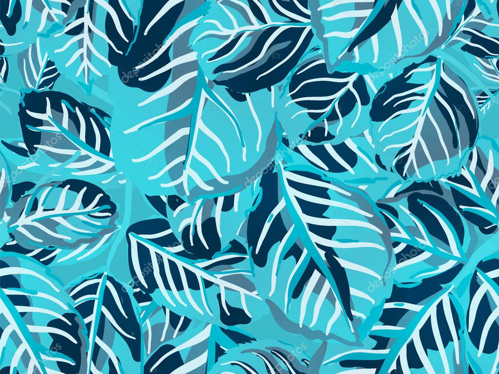 Classic Blue and Indigo Painted English Rose Leaf Patterns Collection. Repeated Spring Peony Wallpaper. Rose Leaves Seamless Pattern. Summer Textile Design. Romantic Botanical Vector Background.