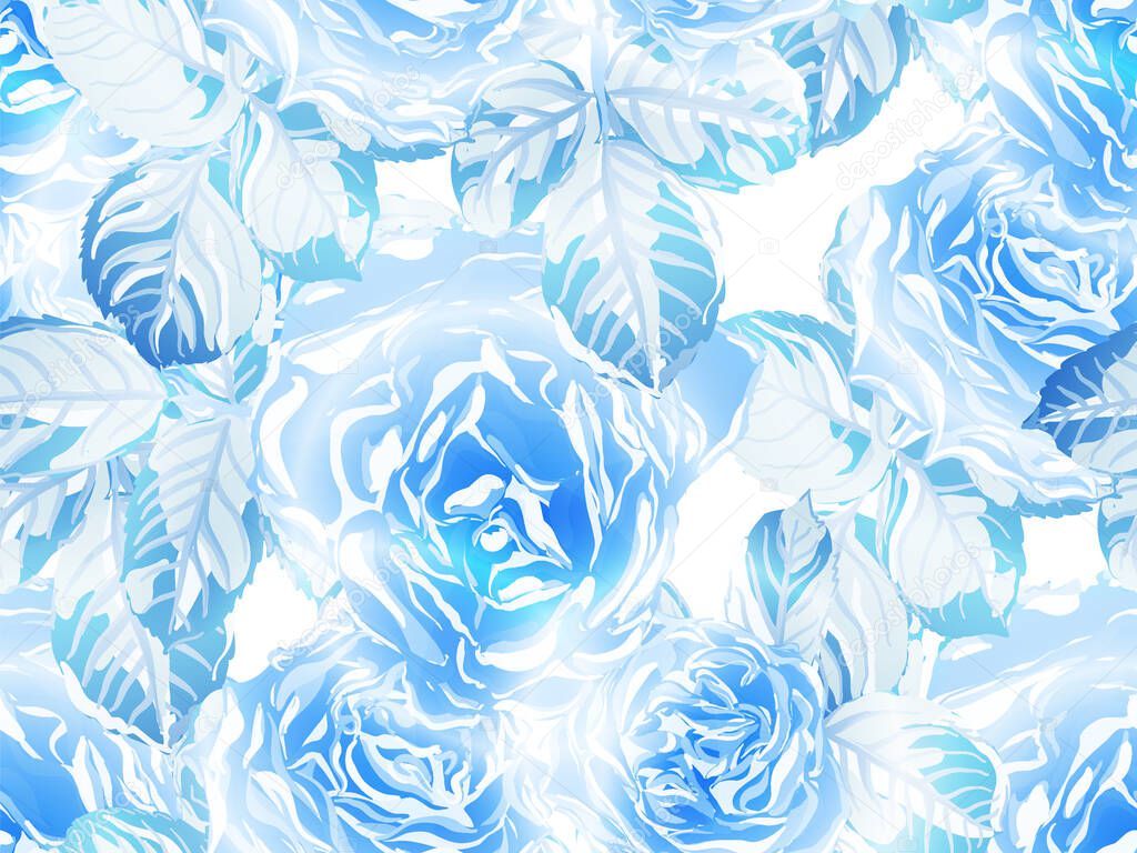 Girly Hawaiian Peony Background. Botanic Rose Flower Swimwear Print. Classic Blue and Indigo Rose Seamless Pattern. Continuous Floral Design.Summer Peonies Leaves and Buds Sleepwear Texture.
