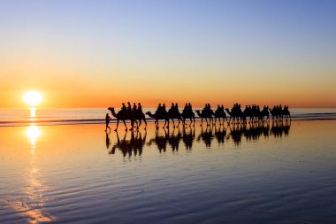 Cable Beach, günbatımı, Broome, Batı Avustralya boyunca yürüyüş Develer