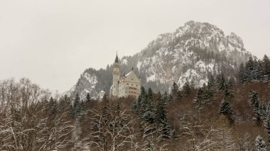 Schloss Neuschwanstein Kalesi sisli kış görünümü Almanya Bavyera