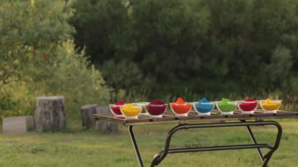 Poudre de couleur Holi dans les bols, tir long 01 — Video