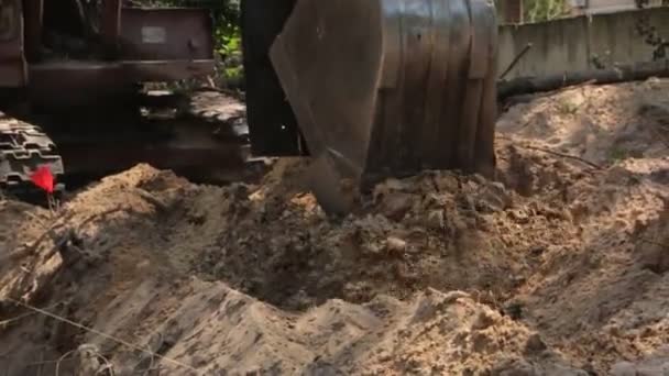 Cubo de excavadora cava la tierra — Vídeo de stock