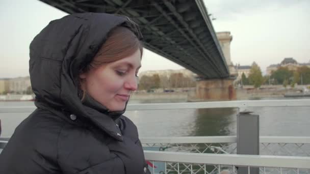 Girl Traveler On River Boat — Stok video