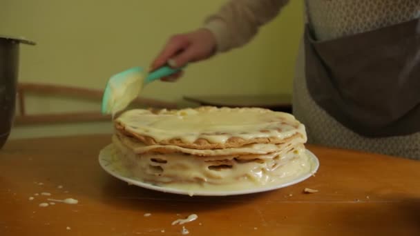 Feminino está cozinhando um bolo — Vídeo de Stock