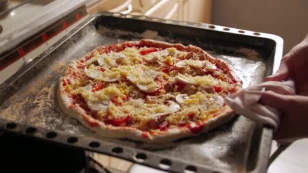 Pizza in den Ofen — Stockvideo