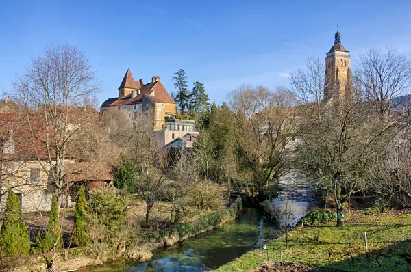 Saint-Just church and Cuisance river in Arbois Stock Image
