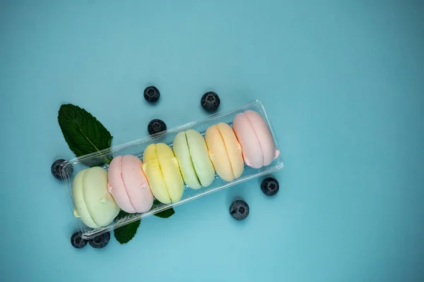 selective focus, colored fruit marshmallow with blueberry berries