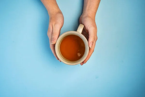 Foco seletivo, mãos femininas segurando uma caneca de chá — Fotografia de Stock