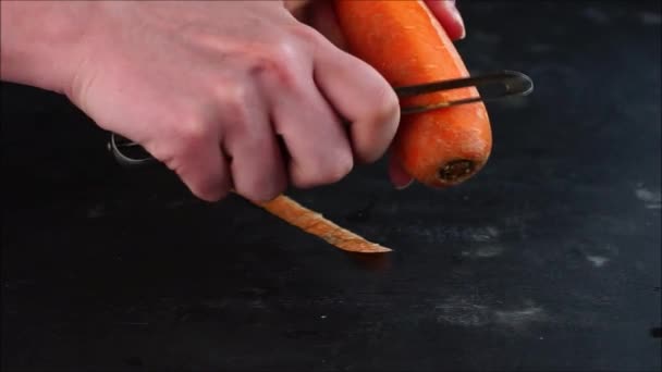 Die Hände Junger Frauen Reinigen Frische Ganze Karotten Mit Einem — Stockvideo