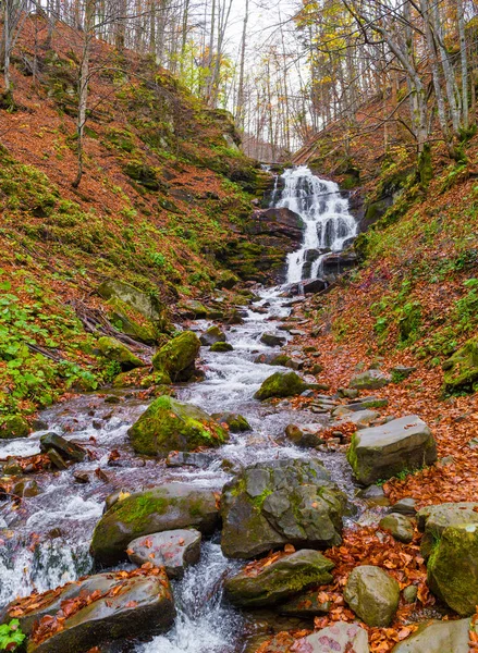 Herbstwald mit Fluss und Wasserfall — Stockfoto