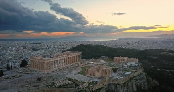 Flygfoto Över Akropolis Aten Vid Solnedgången — Stockvideo