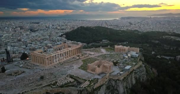 Flygfoto Över Akropolis Aten Vid Solnedgången — Stockvideo