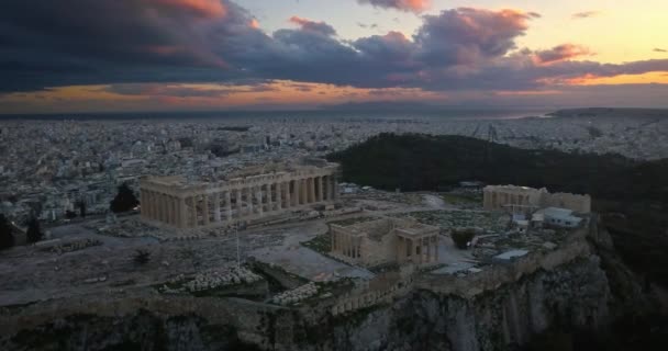 Luchtfoto Van Akropolis Van Athene Bij Zonsondergang — Stockvideo