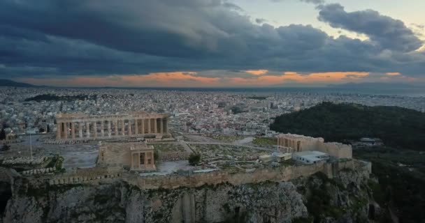 Flygfoto Över Akropolis Aten Vid Solnedgången — Stockvideo