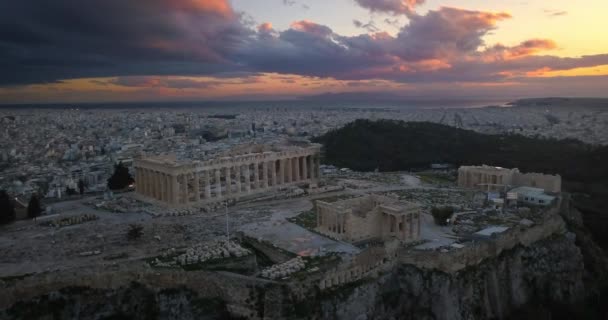 Letecký Pohled Akropoli Aténách Při Západu Slunce — Stock video