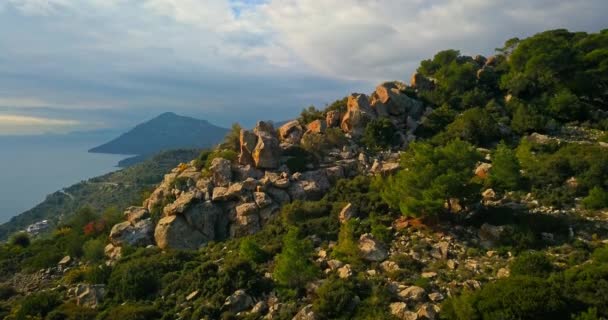 Aerial View Mountains Sea Aegina Island Greece Sunny Day Dramatic — Stock Video