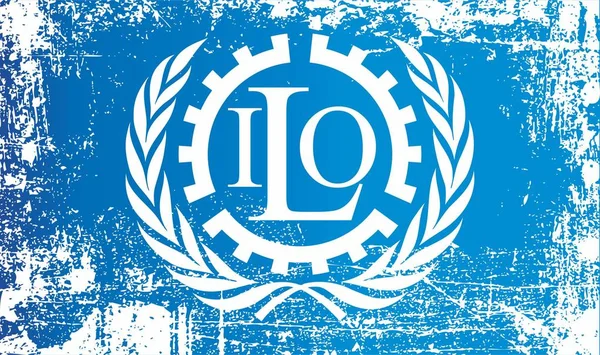 Flag Of The International Labour Organization. Wrinkled dirty spots. Can be used for design, stickers, souvenirs