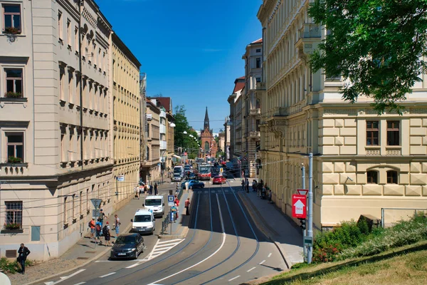 Brno cityscape tramvay rayları ile — Stok fotoğraf