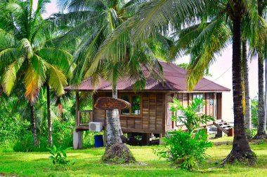 Borneo ipucu ormanda gizli plaj ahşap ev. Kudat, Sabah, Malezya. Ocak 2017