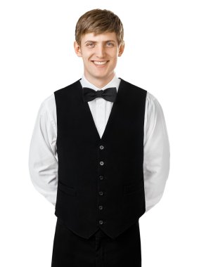 elle elleri arkasında duran garson