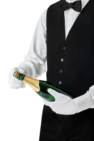 Waiter opening bottle of champagne — Stock Photo, Image