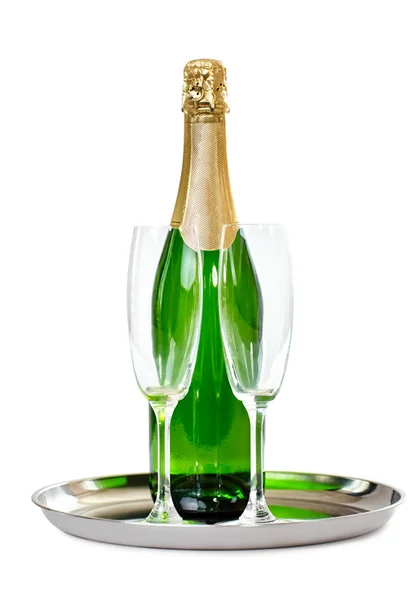 Champagnefles met bril op dienblad — Stockfoto