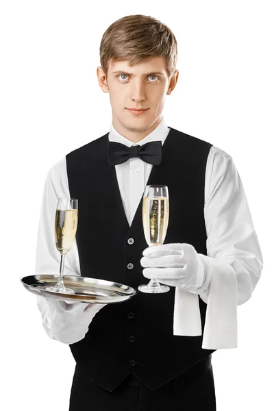 Servitören som serverar champagne på bricka — Stockfoto