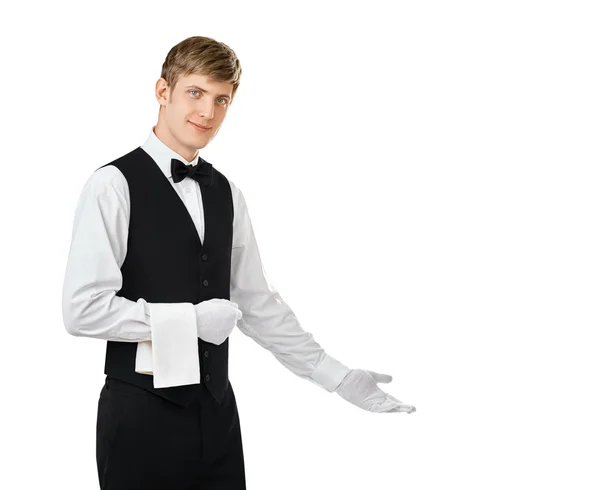 Waiter gesturing welcome — Stock Photo, Image