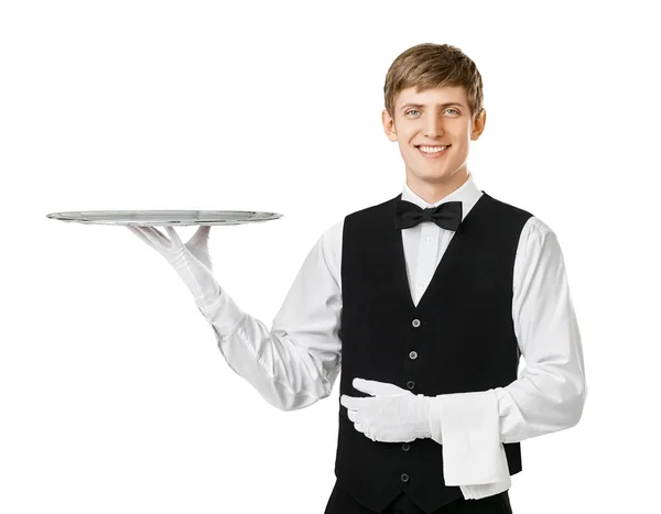Garson holding boş tepsi — Stok fotoğraf