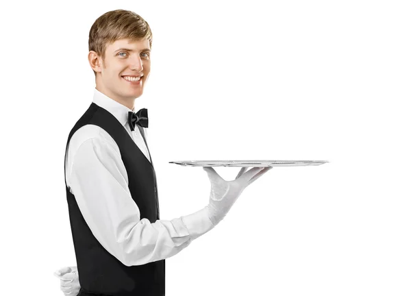 Garson holding boş tepsi — Stok fotoğraf