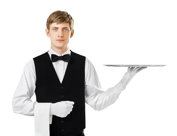 Официант держит пустой поднос — стоковое фото