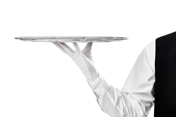 Elegant waiter holding silver tray — Stock Photo, Image