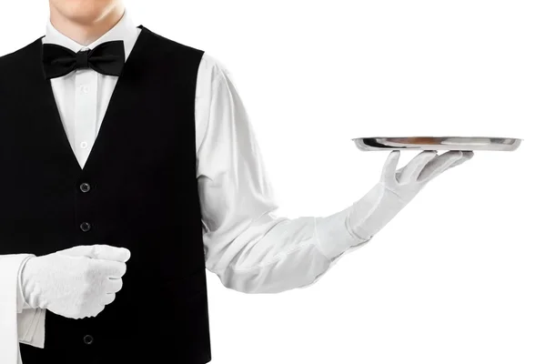 Waiter holding silver tray — Stock Photo, Image