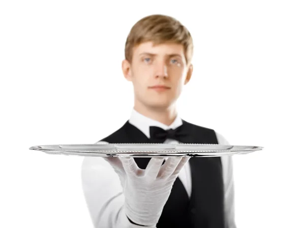 Waiter holding empty tray — Stock Photo, Image