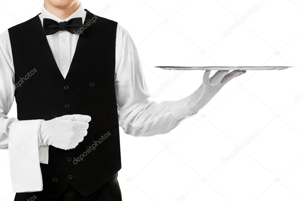 waiter holding empty silver tray