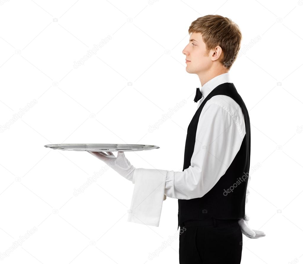 waiter holding empty tray