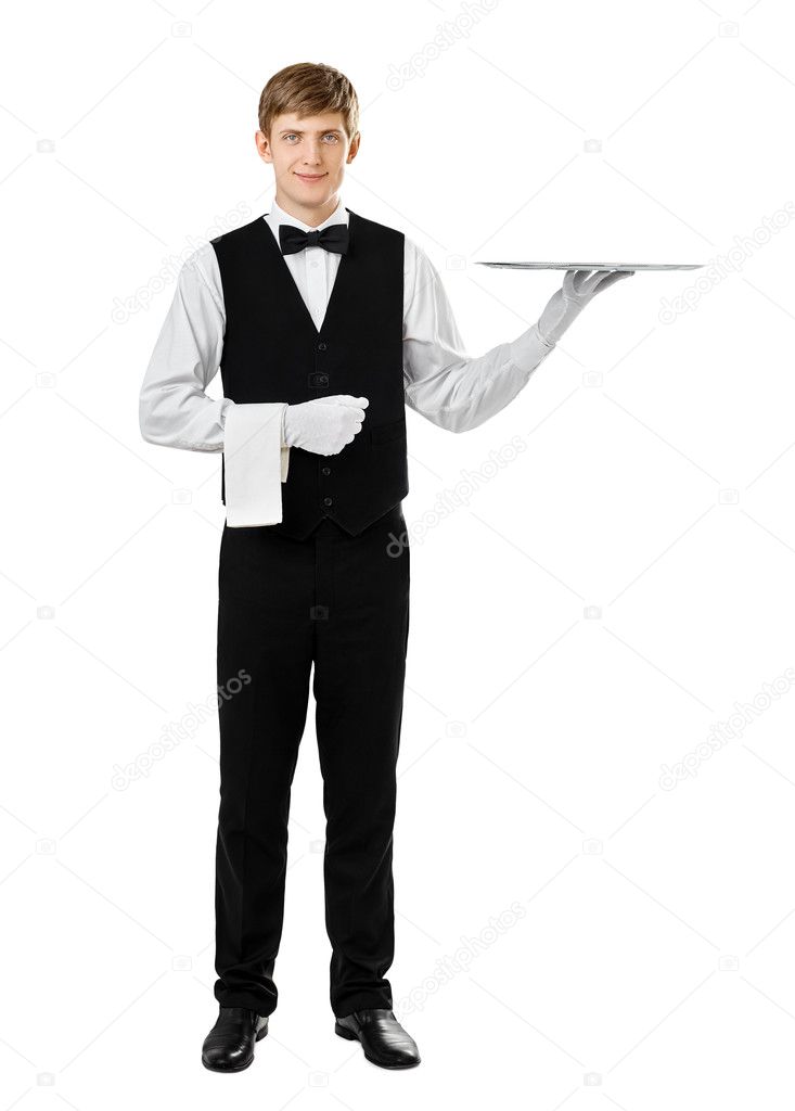 waiter holding empty silver tray