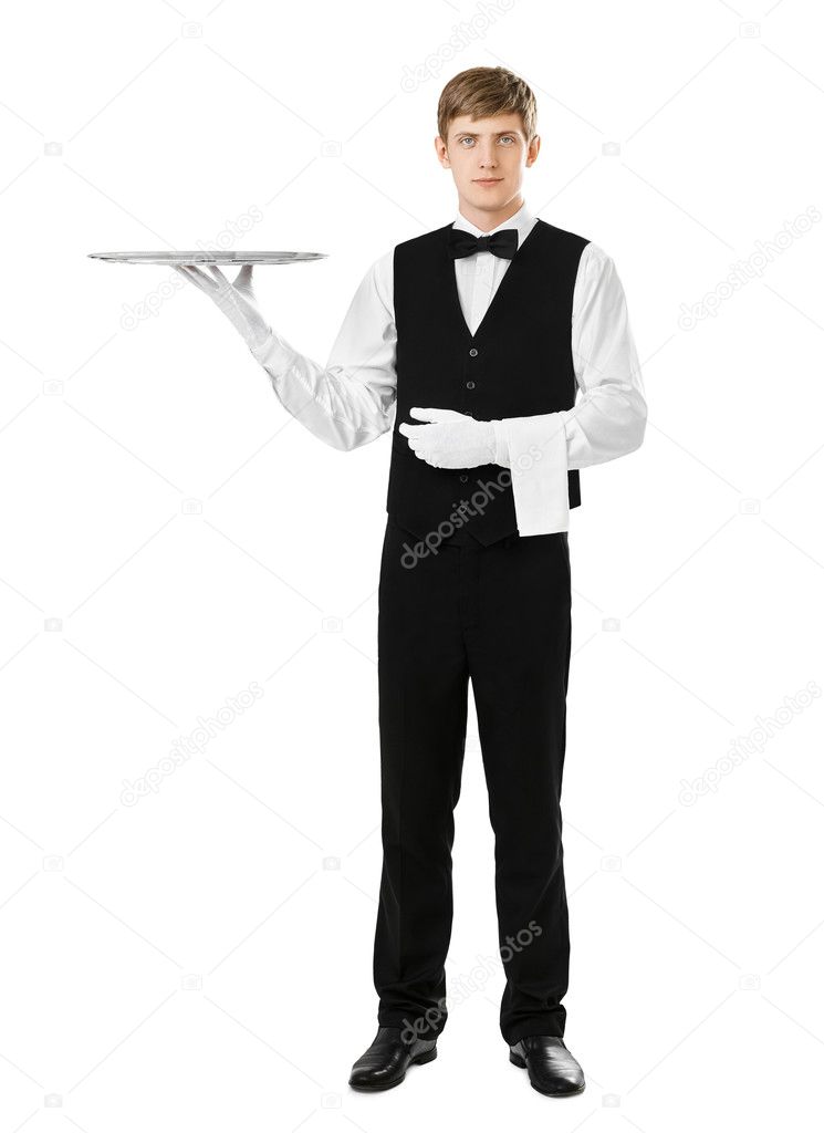 waiter holding empty silver tray