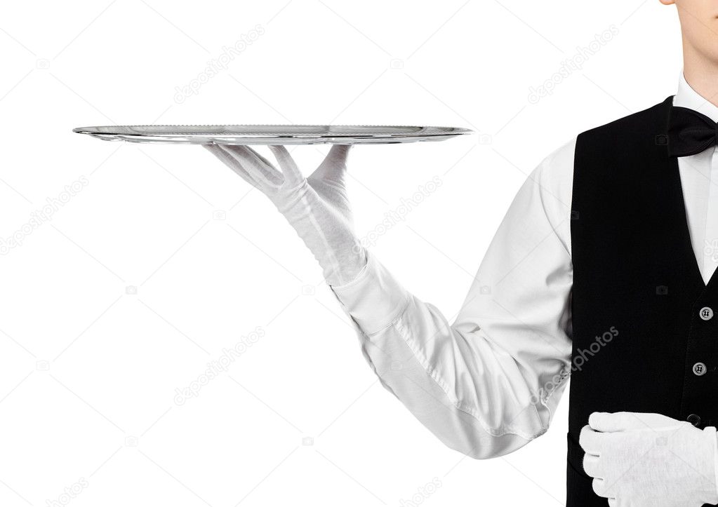 Elegant waiter holding silver tray