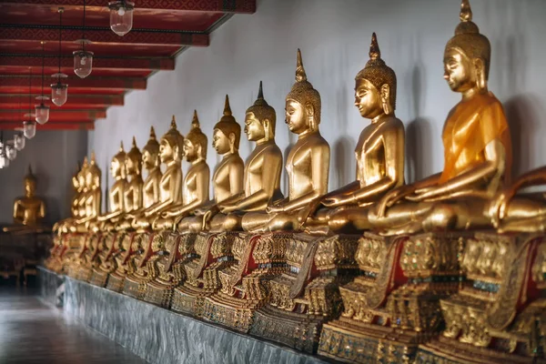 Ряд золотих статуй Будди — стокове фото