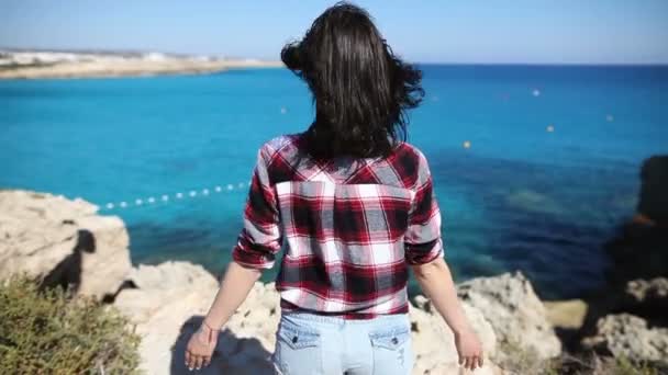 Женщина наслаждается морским пейзажем — стоковое видео