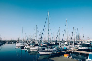 Sailboats and yachts in harbor clipart