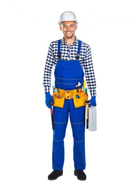 İnşaat işçisi toolbox ile üniformalı 