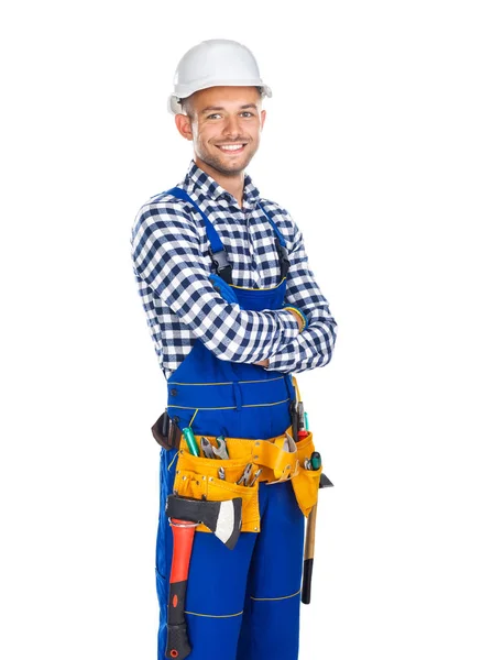 Trabalhador da construção sorridente com braços cruzados — Fotografia de Stock