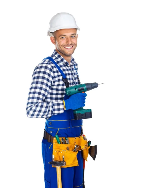 Улыбающийся строитель с дрелью — стоковое фото