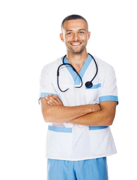 Porträtt av leende säker läkare med stetoskop — Stockfoto