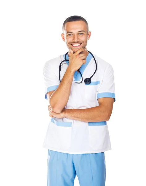 Sorrindo médico pensativo tocando queixo — Fotografia de Stock